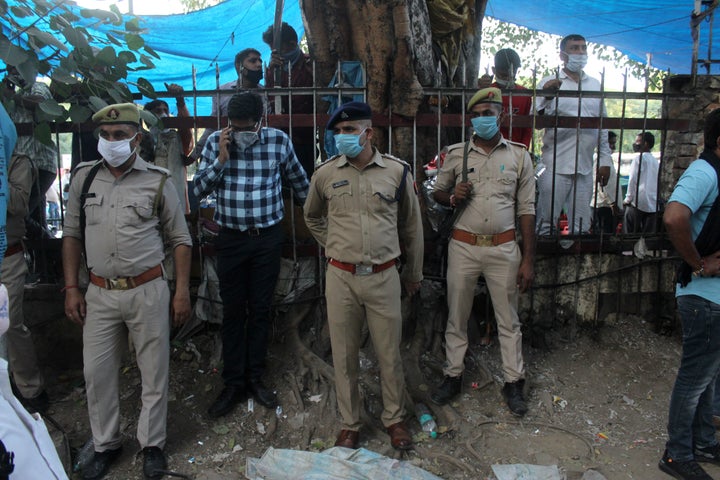 Security personnel after protest erupted at Delhi's Safdarjung Hospital on September 29, 2020.