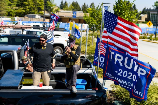 Proud Boy members at Clackamas Community College in Oregon City last month.