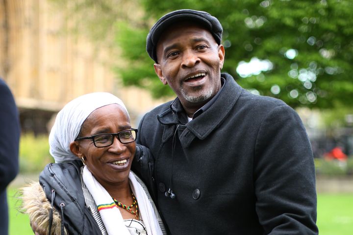 Members of the Windrush generation Paulette Wilson, 62, who arrived from Jamaica in 1968, and Anthony Bryan, aged 60, who arrived from Jamaica in 1965, during a photocall in Westminster, London, following a personal apology from immigration minister Caroline Nokes. Paulette died in August 2020. 