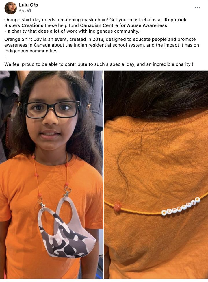 Facebook user Lulu Cfp shared a photo of her daughter wearing the customized face mask chain, made especially for Orange Shirt Day.