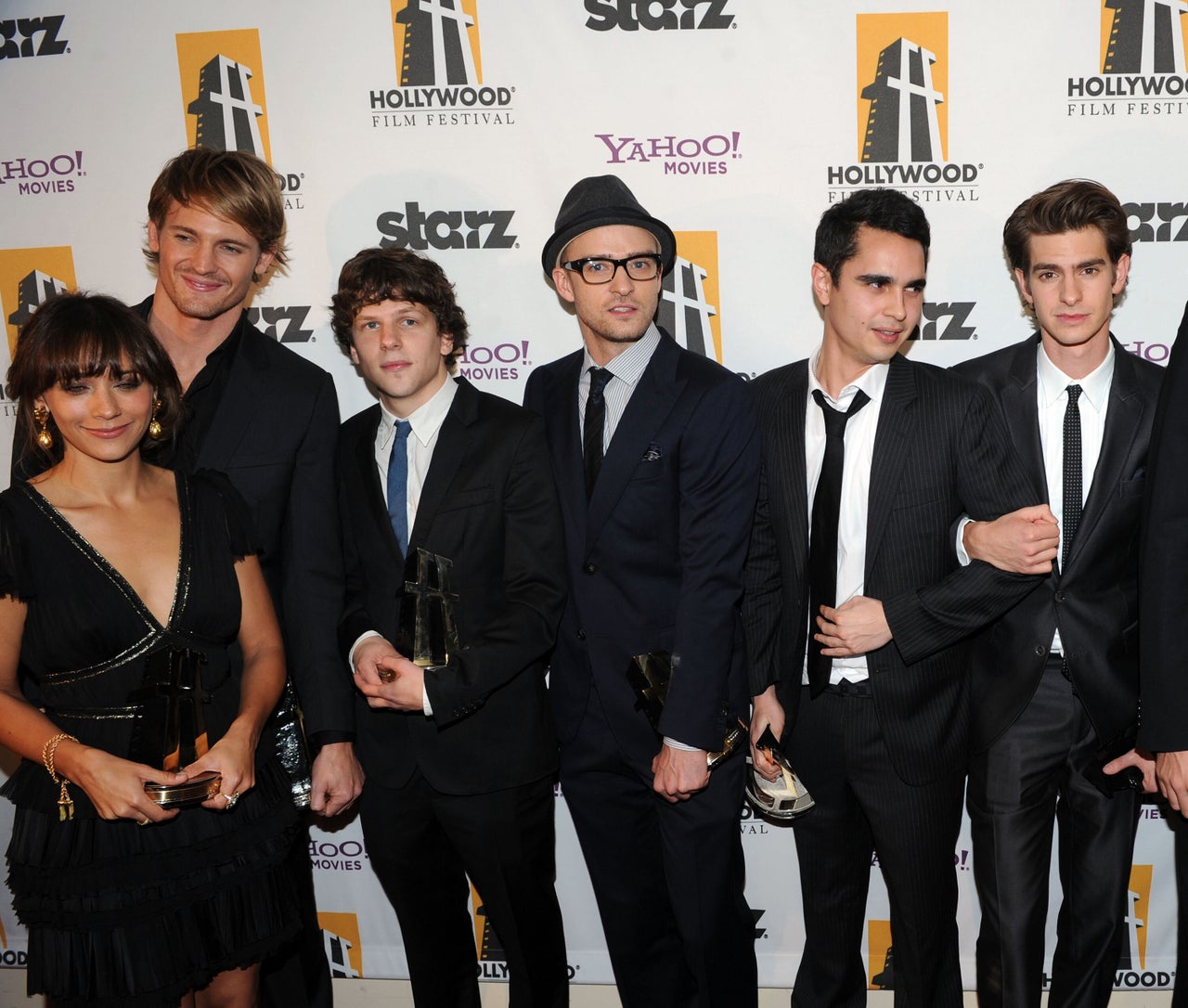 Actors Rashida Jones, Josh Pence, Jesse Eisenberg, Justin Timberlake, Max Minghella and Andrew Garfield during the 14th annual Hollywood Awards Gala at The Beverly Hilton Hotel on Oct. 25, 2010.