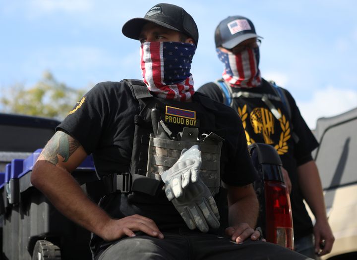 Who Are The Proud Boys? Members of the far-right pro-Trump gang Proud Boys attend a rally in Portland, Orgon. 