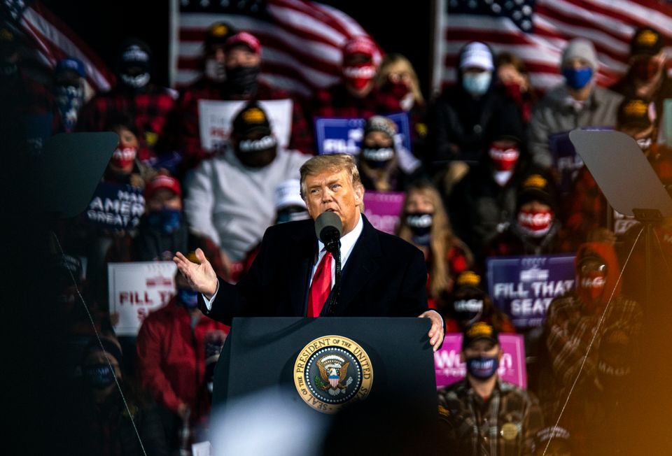 Trump speaks during a campaign rally at the Duluth International Airport.