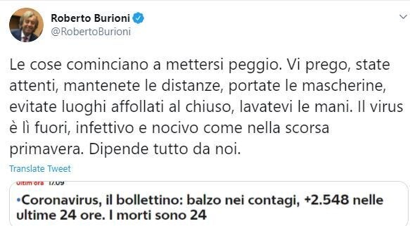 "Le cose cominciano a mettersi peggio. Vi prego, state attenti. Il virus è lì fuori, infettivo e nocivo come nella scorsa primavera". L "Le cose cominciano a mettersi peggio. Vi prego, state attenti. Il virus è lì fuori, infettivo e nocivo come nella scorsa primavera". L