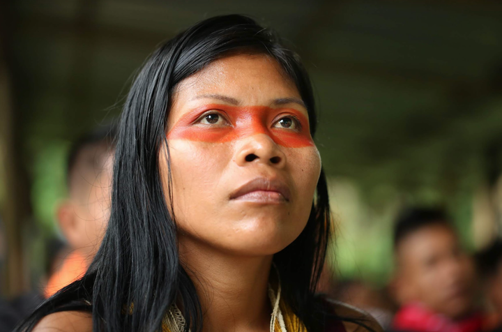 Nemonte Nenquimo wearing traditional Waorani face paint. 