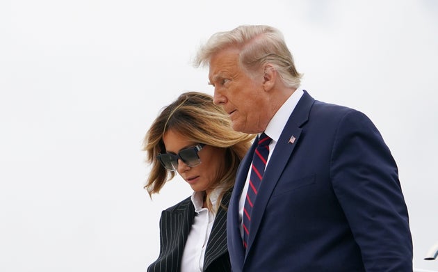 Donald and Melania Trump step off Air Force One upon arrival at Cleveland Hopkins International Airport in Cleveland, Ohio.