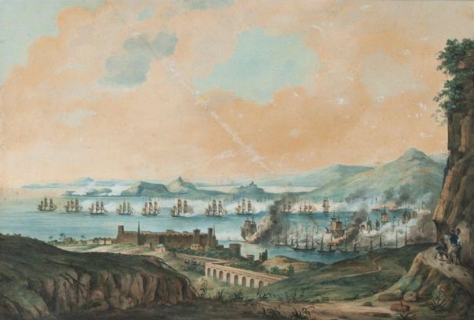 Η ναυμαχία στο Ναβαρίνο, πίνακας Γάλλου ζωγράφου. Φέρει υπογραφή και ημερομηνία «Huet 1828» (συλλογή ΕΕΦ).