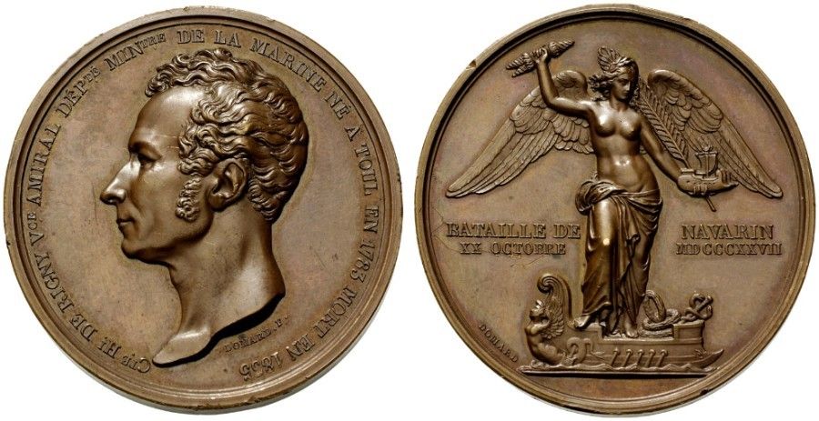 Ο Γάλλος Ναύαρχος, κόμης Henri de Rigny. Αναμνηστικό μετάλλιο του 1835. Η πίσω όψη παρουσιάζει την Νίκη (συλλογή ΕΕΦ).