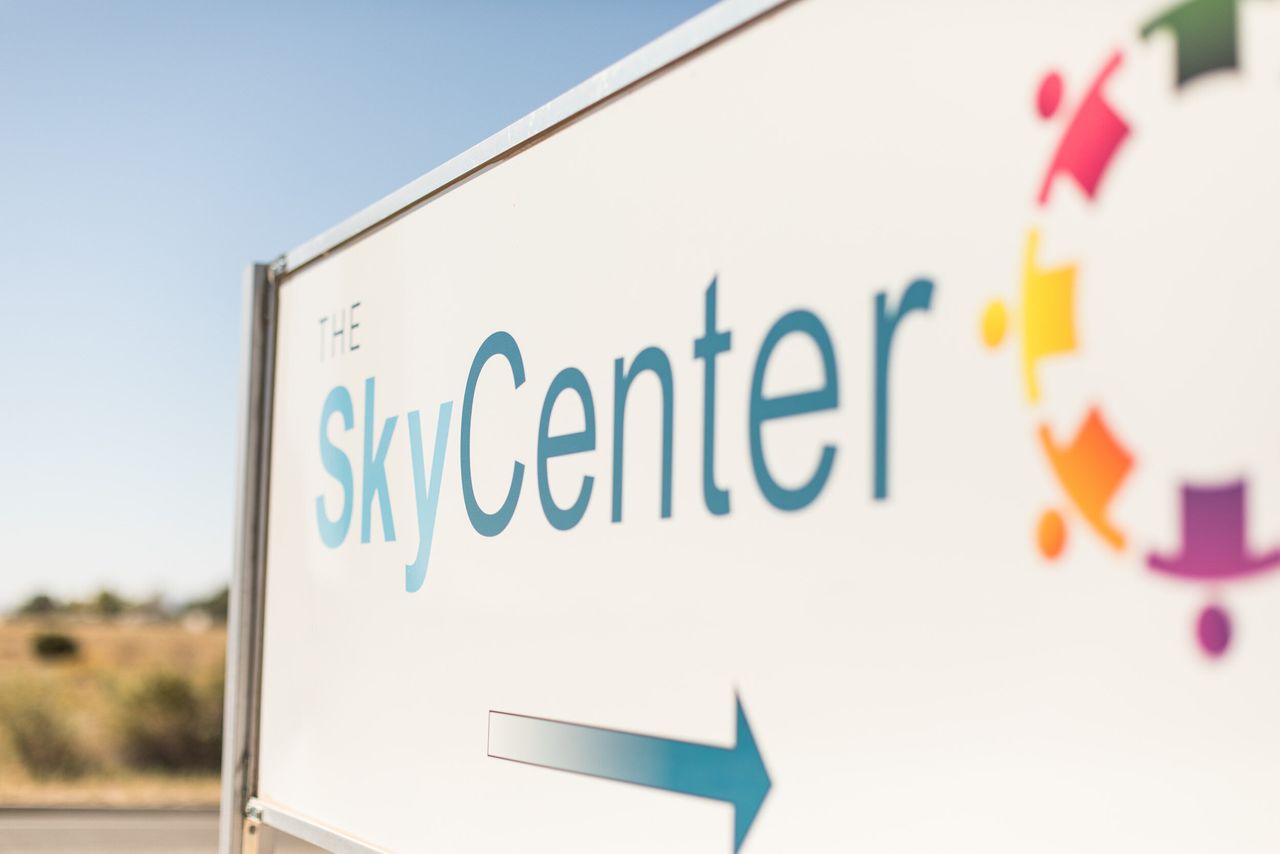 A sign for the Sky Center on the campus of Ortiz Middle School in Santa Fe, New Mexico.