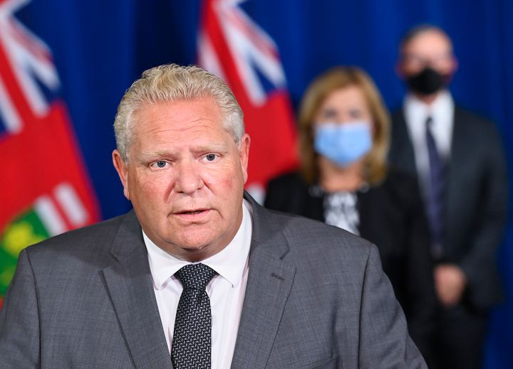 Ontario Premier Doug Ford answers questions from the media about the COVID-19 pandemic at Queen's Park in Toronto on Sept. 28, 2020. 