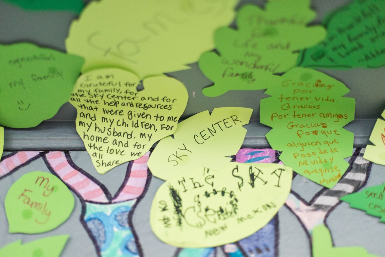 Leaves from the Forest of Gratitude with messages on them at the Sky Center. 