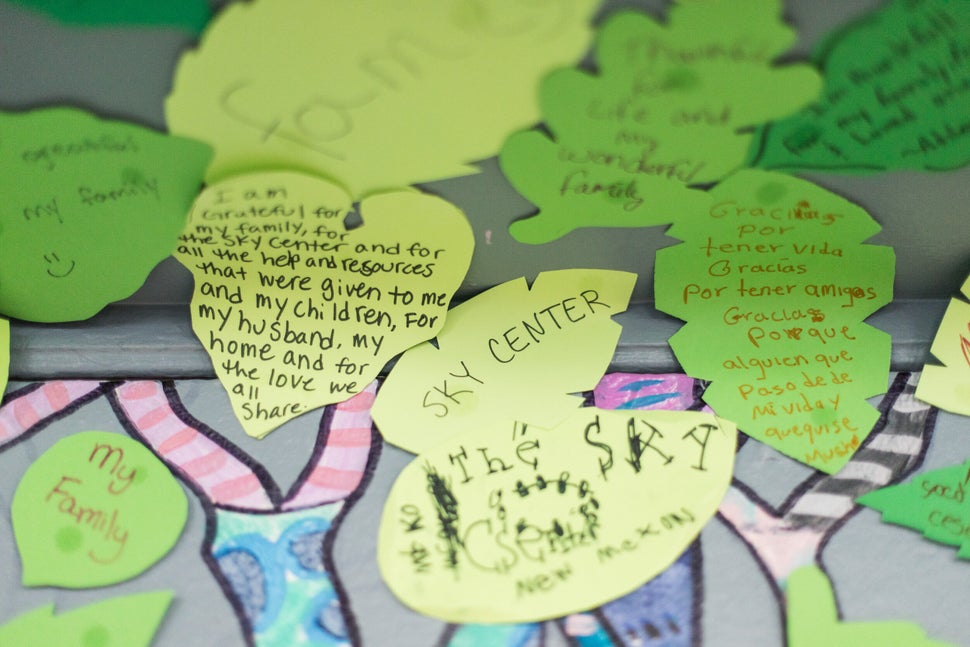 Leaves from the Forest of Gratitude with messages on them at the Sky Center.

