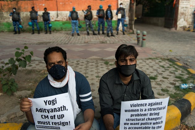 Protesters holding placards demanding justice for Hathras during the demonstration. Hundreds of protesters...