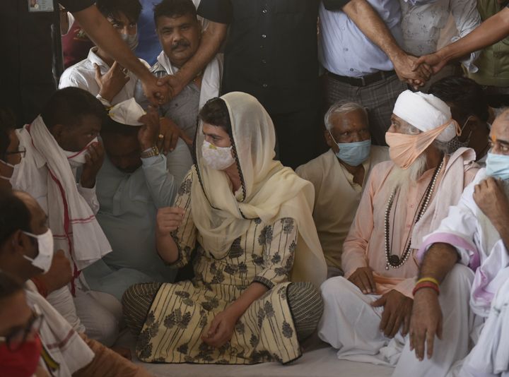 Congress General Secretary Priyanka Gandhi attends the prayer meeting for the Dalit Hathras victim collectively organized by Valmiki Chaudhary Sarpanch Committee, Valmiki Janmotsav Committee and All India Valmiki Youth Front at the Valmiki Mandir, on Panchkuian Road, on October 2, 2020 in New Delhi, India. 