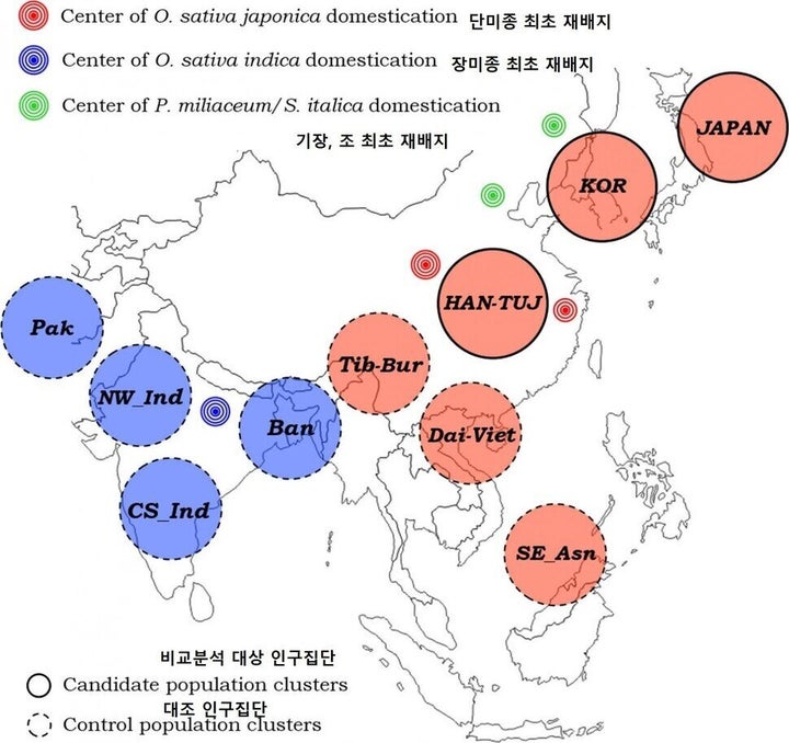 쌀 재배 기원지와 조사 대상 인구집단 위치.