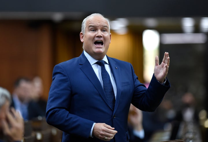 Conservative Leader Erin O'Toole rises during Question Period in the House of Commons on Parliament Hill in Ottawa on Thursday.