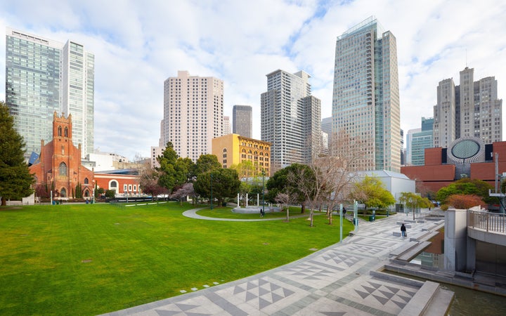 Apartment and office buildings seen from Yerba Buena Gardens in San Francisco. The pricey city has the fastest-falling rental rates in North America, followed by Vancouver and Toronto.