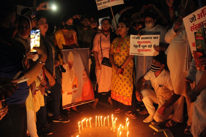 Student activists, members of various political bodies and other civilians during a candle march protest demanding justice against the alleged gang-rape of a 19-year-old woman by four men in Uttar Pradesh's Hathras, at Jantar Mantar, on October 2, 2020 in New Delhi.