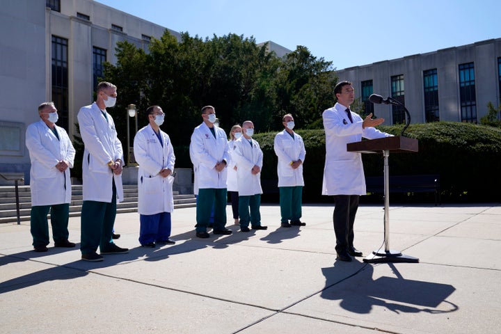 Dr Sean Conley, physician to President Donald Trump, briefs reporters at Walter Reed National Military Medical Centre in Bethesda.