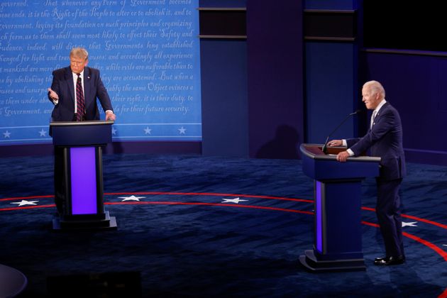 US President Donald Trump speaks during the first 2020 presidential campaign debate with Democrats ...