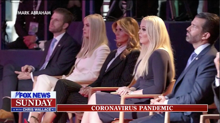 From left to right: Eric Trump, Ivanka Trump, Melania Trump, Tiffany Trump and Donald Tump Jr. are seen without masks at the first 2020 presidential debate held Tuesday in Cleveland, Ohio. 