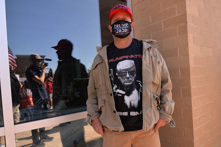 A man wears a "Trumpinator" t-shirt at a pro-Trump rally, organised by the Staten Island Republican Party.
