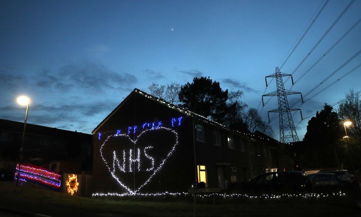 Christmas lights are used to show appreciation for the NHS on a house in Cambridge Drive in Chandler's Ford near Eastleigh, Southampton