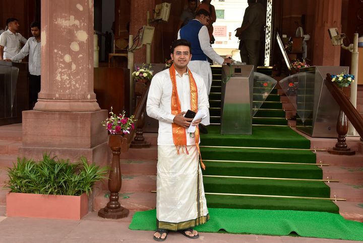 Tejasvi Surya arrive in front of the Parliament of India in 2019. 