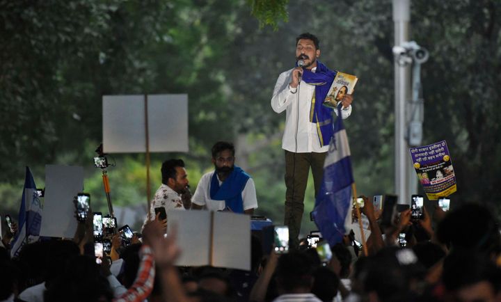 Bhim Army chief Chandrashekhar Azad addresses supporters and protesters at Jantar Mantar during the protest against the Hathras case, on October 2, 2020.