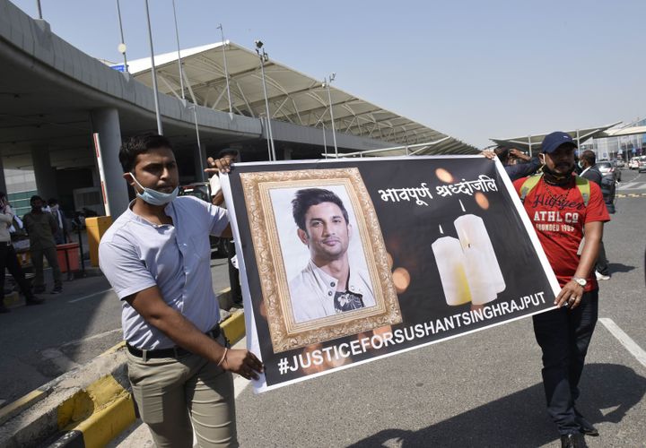 A group of people marching from Terminal 2 of Indira Gandhi International (IGI) Airport to Jantar Mantar with a banner demanding justice for Sushant Singh Rajput, on October 1, 2020 in New Delhi.