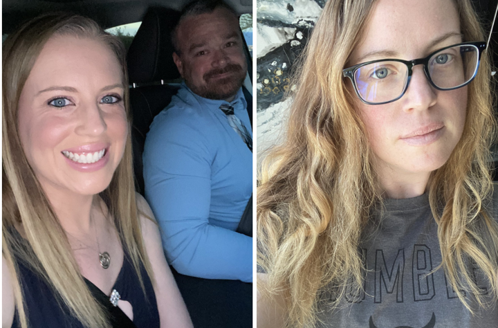 Left: Laura Long with her husband, Justin Long, just a few days before getting sick in March. Right: On April 16, after losing 15 pounds.