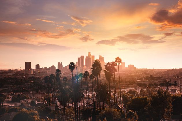 Los Angeles cityscape at dusk.