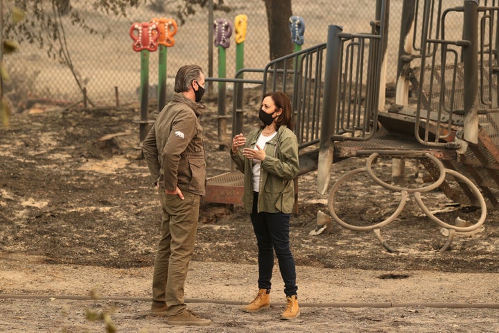 Harris meets with California Governor Gavin Newsom at the site of the Creek Fire in Auberry, California, Sept. 15.