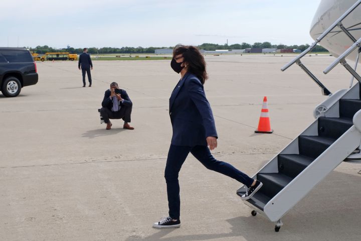 Harris arrives wearing her Converse at General Mitchell International Airport in Milwaukee, Wisconsin, Sept. 7, 2020.