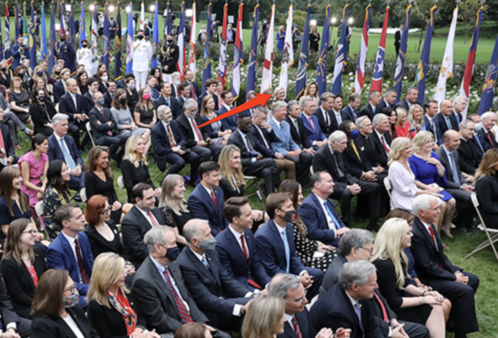 Arrow points to attorney Cleta Mitchell in the crowd at the Rose Garden event Sept. 26 celebrating the Supreme Court nomination of Amy Coney Barrett.