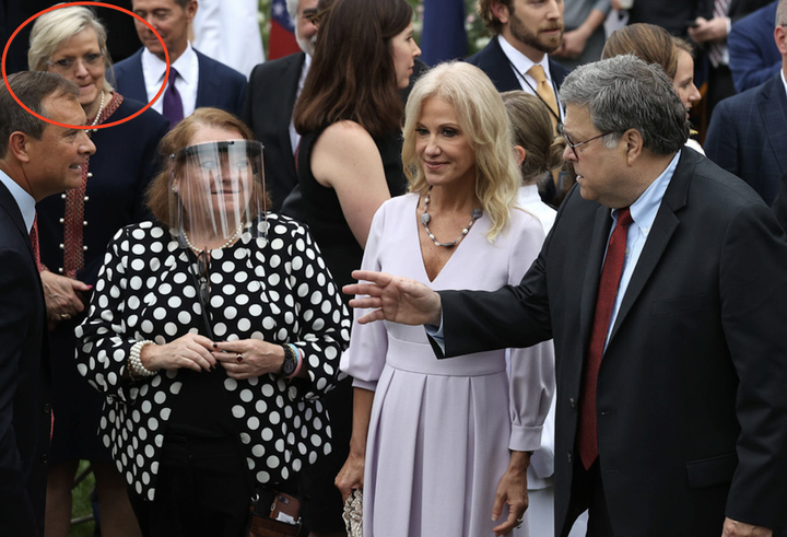 Lawyer Cleta Mitchell at the Sept. 26 Rose Garden event with former White House counselor Kellyanne Conway, who announced days later that she had tested positive, and Attorney General Bill Barr, who has since gone into self-quarantine.