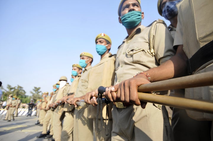 Police personnel deployed in a multi-layer security arrangement at the DND Flyway on October 3, 2020 in Noida.