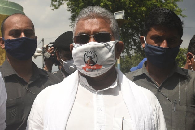 West Bengal BJP President Dilip Ghosh at 'Save Democracy, Save Bengal ' protest in front of Gandhi Statue,...