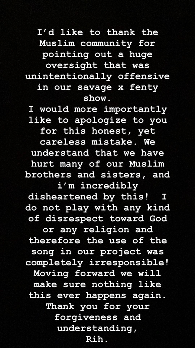 Rihanna posted her apology on Instagram