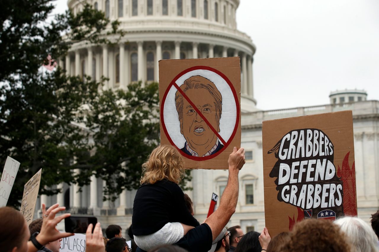 Demonstrators gather outside the U.S. Capitol to protest the confirmation vote for Supreme Court nominee Brett Kavanaugh in 2018.