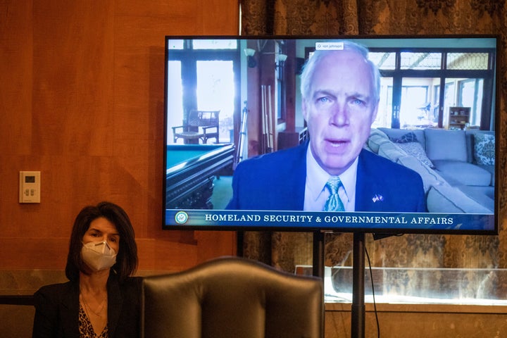 Chairman of the Senate Homeland Security and Governmental Affairs Committee Ron Johnson is seen on screen as he speaks during