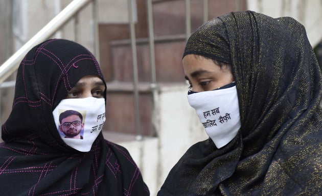 Mother of student activist Umar Khalid and wife of Khalid Saifi are seen during a press conference on...
