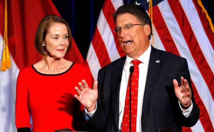 Then-Gov. Pat McCrory (R) of North Carolina speaks to supporters with his wife, Ann, at his side in Raleigh on 2016's Electio