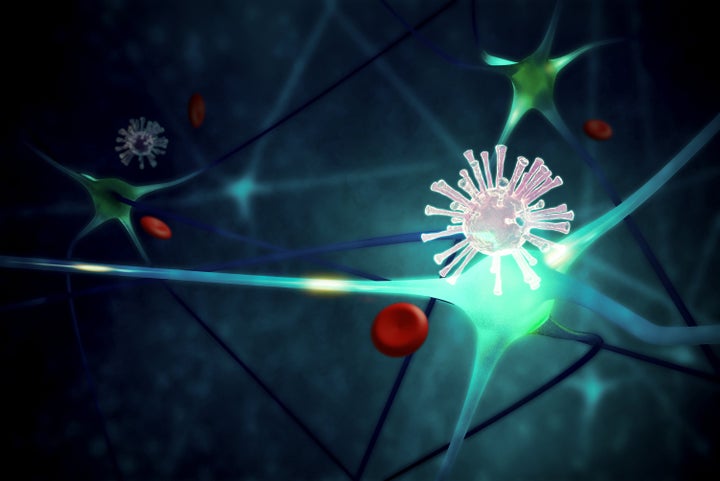 virus spreading with neuron cell. 3D illustration rendering