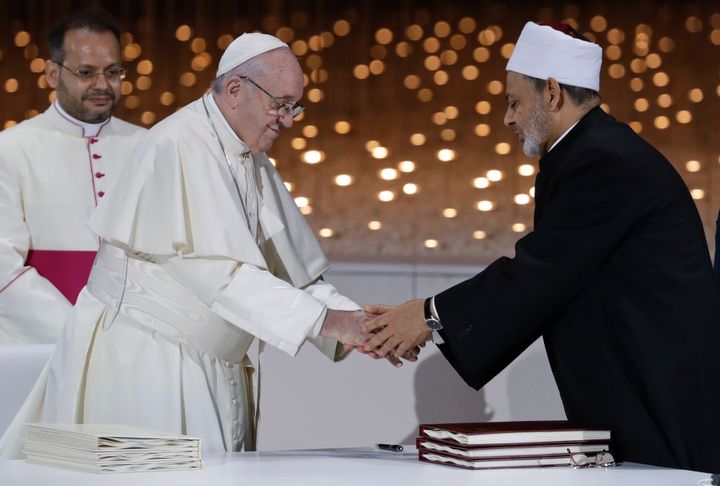 Pope Francis greets Egypt's Sheikh Ahmed al-Tayeb after an interfaith meeting in Abu Dhabi, United Arab Emirates, on Feb. 4, 2019. Francis said he was "particularly encouraged" by the imam while writing "Fratelli Tutti."