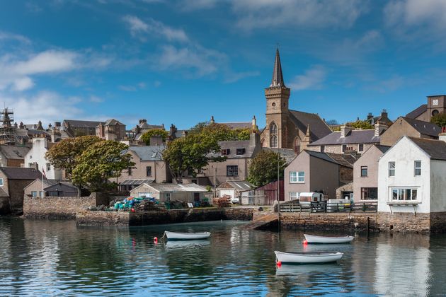 The old docks and parish church In Orkney.