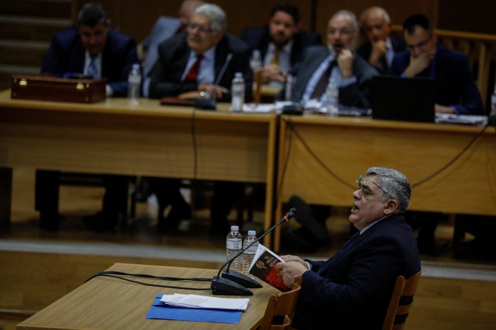 The head of Greece's extreme far-right Golden Dawn party Nikos Michaloliakos testifies on Nov. 6, 2019, in the Court of Athen