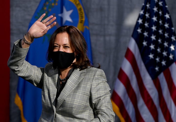 Democratic U.S. vice-presidential nominee Sen. Kamala Harris waves as she arrives at an event on Oct. 2, 2020 in Las Vegas, Nevada.
