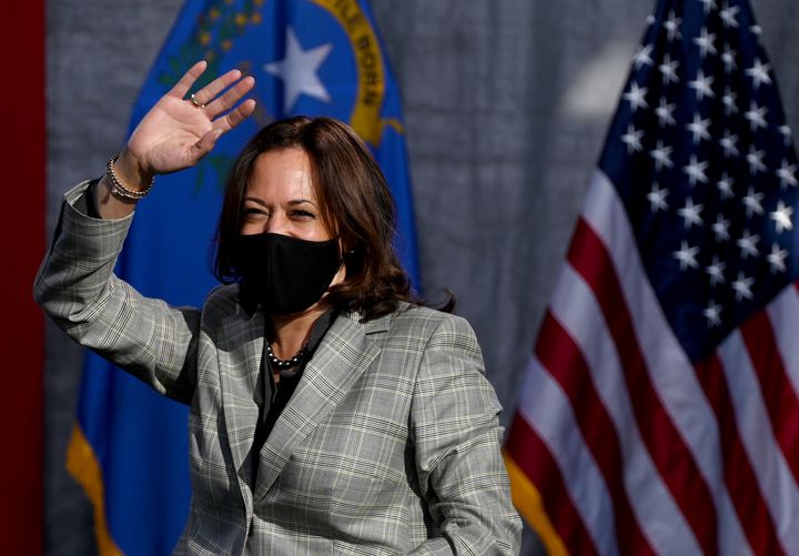 Democratic U.S. vice-presidential nominee Sen. Kamala Harris waves as she arrives at an event on Oct. 2, 2020 in Las Vegas, Nevada. 