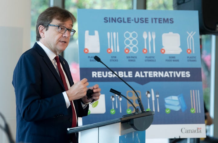 Environment and Climate Change Minister Jonathan Wilkinson speaks during a news conference announcing the ban of specific plastic products on Oct. 7, 2020 in Gatineau.